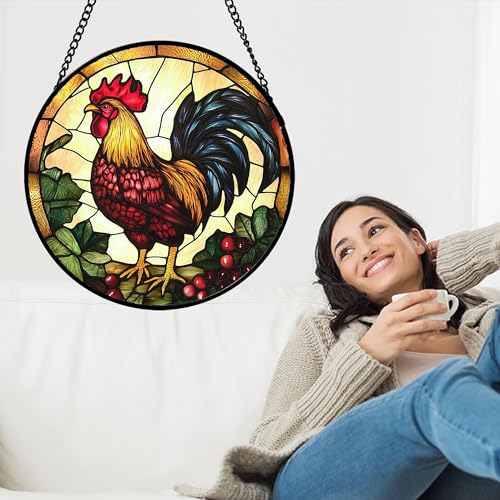 Stained Glass Window Hanging Big Rooster Suncatchers Gifts for Women 6.3" (Orange Red / 6.3x6.3 IN)