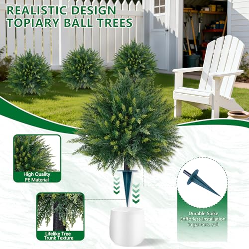 Artificial 4 Pack Cedar Topiary Trees with Ground Spike for Porch Decor (Cedar Ball 4pcs)