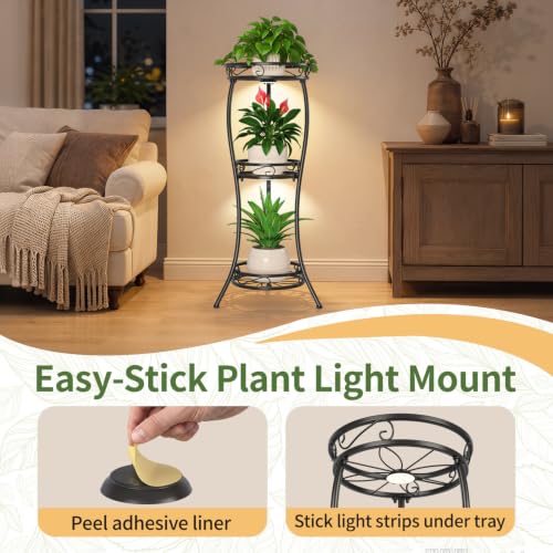 3 Tiers Metal Corner Plant Stand Tall with Light for Indoor Outdoor (Classic Black with Light / 3 Tier)