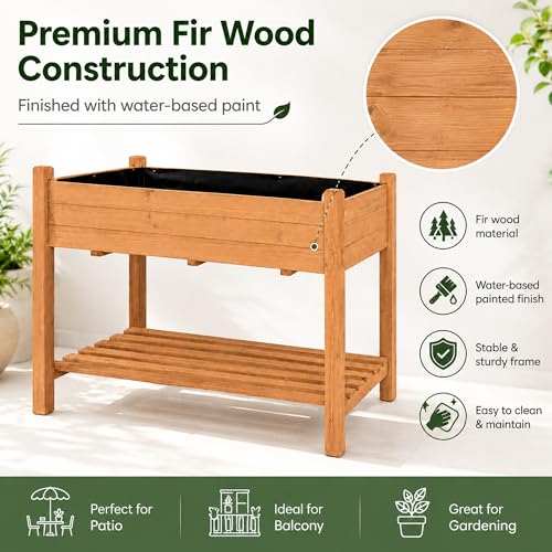 Raised Garden Beds Outdoor with Storage Shelf Fir Wood Planter Raised Beds (Brown / W49.5X D23.5X H30in)
