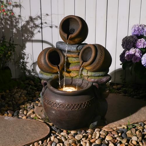 22" Tall Water Fountain Outdoor Cascading Bowls and Stacked Stones 3 Tiers Waterfalls Natural Water Feature with LED Lights for Garden (Brown-2)
