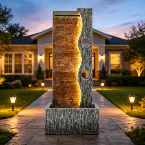 AUTODAYA 39" Modern Zen Outdoor Water Fountain LED Cascading Waterfall (Weathered Gray 39"h)