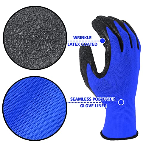 Crinkle Latex Rubber Coated Safety Work Gloves for Men Women (Medium / Blue-12 Pairs)
