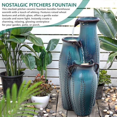 30" Ceramic Vase Water Fountain Outdoor with LED Lights (Turquoise Cascading Vase 29.5"h)