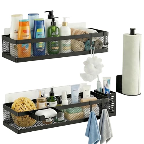 5-in-1 16.5" Extra Long Slim Wall Mount Wrapped Mesh Kitchen Organizer & Shower Caddy Kit, with Paper Towel Holder, Utensil Holder, Soap Dish, Holds 50LBS - Matte Black, Netting (Matte Black / 5-in-1 Full Mesh (16.5" Extra Long))