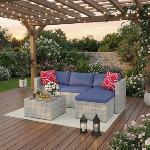 5 Piece Outdoor PE Wicker Patio Sofa Set (Grey/Blue / 5 Pieces)