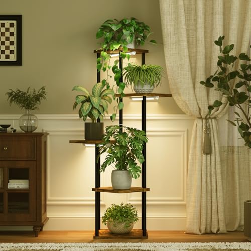 Tall Plant Stand Indoor with Grow Light Corner Plant Shelf (Brown Oak pro / 5 Tier)