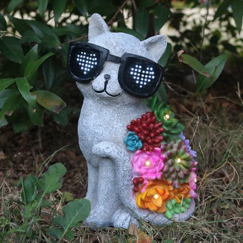 Solar Cat Garden Decor Statues with Succulent LED Lights and Sunglasses (French)