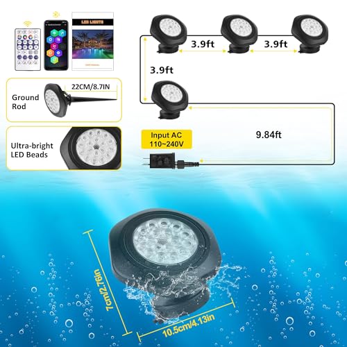 Pond Lights LED Underwater 16M Colors with App and Remote 4 Pack (Set of 4)
