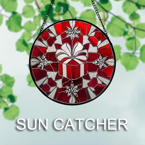 Stained Glass Window Hanging 4 Pcs Set Red Christmas Decorations Theme Large 15" (4-piece Red Christmas Set / 14.9x14.9 IN)