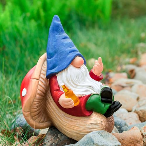 Middle Finger Gnome Statue Naughty Garden Gnomes Funny Drunk Gnome on Mushroom Indoor Outdoor Summer Decoration for Yard Lawn Home Christmas Birthday Gag Gift (Beer Gnome)
