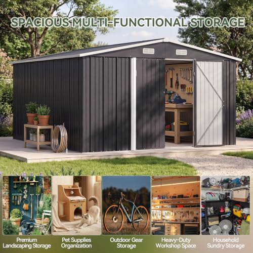 10x12 FT Outdoor Storage Shed with Lockable Double Doors (Black / 10'x12')