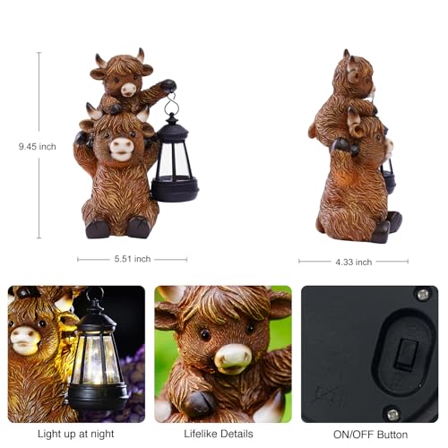 Highland Cow with Solar Lantern Garden Statue (Brown Highland Cow)