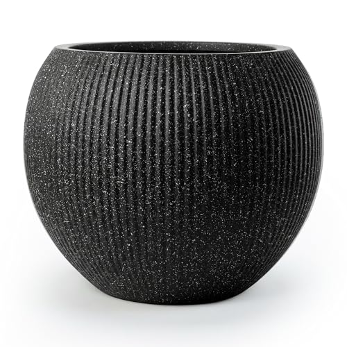 Premium Mt Sherman Fiberstone Sphere Planter for Indoor Outdoor Use (Ribbed Black / Small 12.6''D x 10''H)