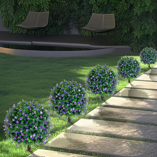 2 Pack Artificial Boxwood Topiary Tree with Flower for Outdoor (Purple Flower)