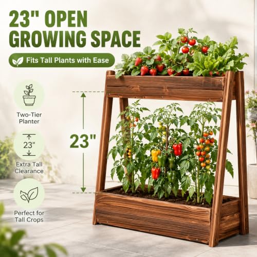 36" 2 Tier Freestanding Elevated Wooden Raised Garden Bed (36" H Garden Bed-carbonized Wood Color)