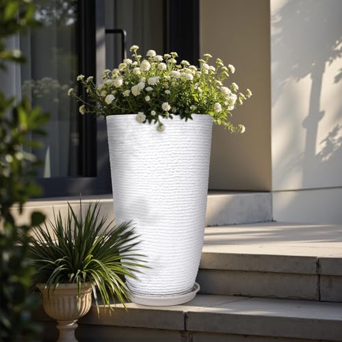 Set of 2 9 Gallon Tall Large planters for Outdoor (White / 21IN)
