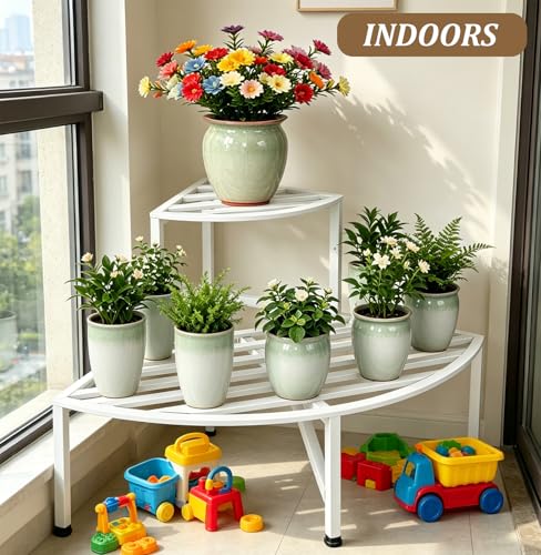 2 Tier Corner Plant Stand Outdoor Metal (Corner-White)