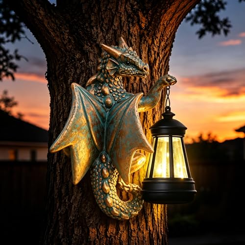 Dragon Tree Hugger with Solar Lantern Garden Statue (Bronze)