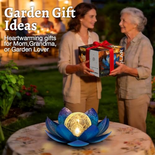 Solar Lights Outdoor Garden Decoration Crackle Globe Glass Waterproof LED Metal Blue Lotus Flowers Gift for Mom (BLUE2)