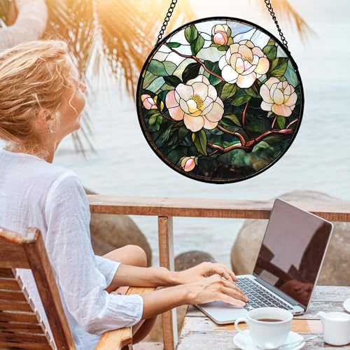 Pink Camellia Stained Glass Window Hanging Suncatcher Gifts for Women 6.3"