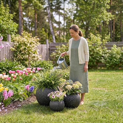Premium Mt Sherman Fiberstone Sphere Planter for Indoor Outdoor Use (Ribbed Black / Large 21.1''D x 16.7''H)
