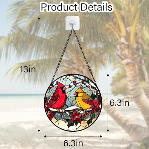 Cardinals Poinsettia Stained Glass Window Hanging Suncatcher Gifts 6.3" (Red and Yellow / 6.3x6.3 IN)