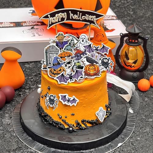 48pcs Edible Halloween Themed Pumpkin for Cake Decorating Spider Cupcake Toppers Bat Wedding Themed Party Birthday Cake Decoration