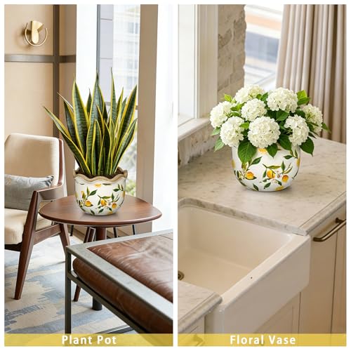 Rustic Farmhouse Ceramic Plant Pots (Yellow & White Lemon Patterns)