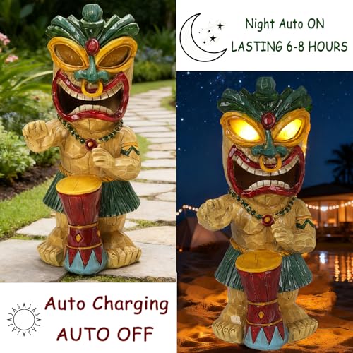 Solar Tiki Garden Statue with LED Eyes Outdoor Polynesian Drummer Hawaiian Party Decor Solar Light Ornament for Patio Porch Lawn or Tiki Lover Best Gifts for Tiki Lovers (Drumming Tiki Statue)