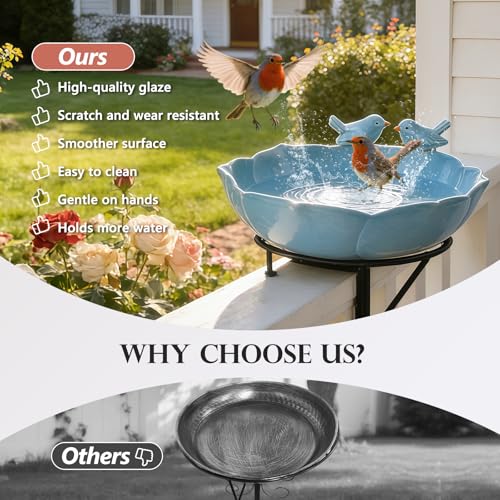 Glazed Ceramic Bird Bath Bowl Outdoor (Blue)