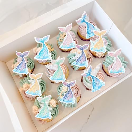 54Pcs Edible Mermaid Tail Cupcake Toppers Wafer Paper Mini Under the Sea Mermaid Tail Cake Topper Decoration for Ocean theme Birthday Party Supplies Pink Blue Purple (54 Count)
