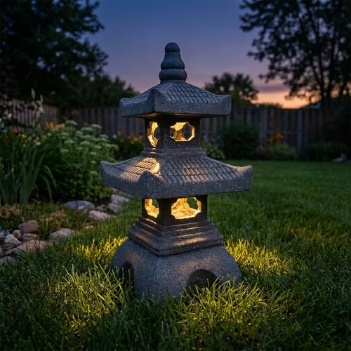 2 Tier Pagoda Garden Statue LED Solar Powered Light 18" Tall Outdoor Zen Garden Lantern Landscape Lawn Asian Pagoda Stupa Decor Grey Resin (18-Inch Pagoda Garden Statue)