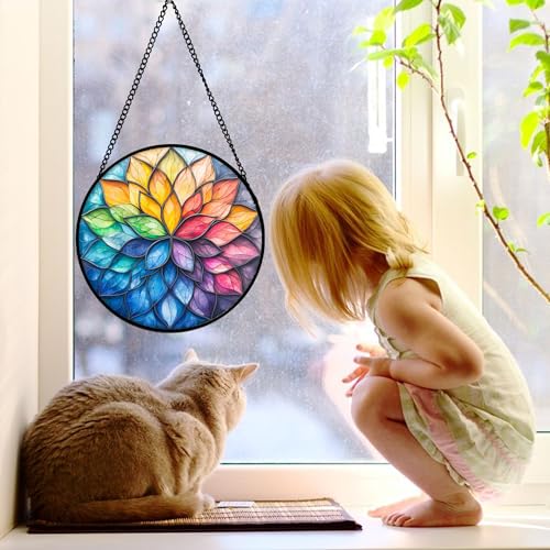Colorful Flower Petals Stained Glass Window Hanging Suncatcher Gifts 7.8"