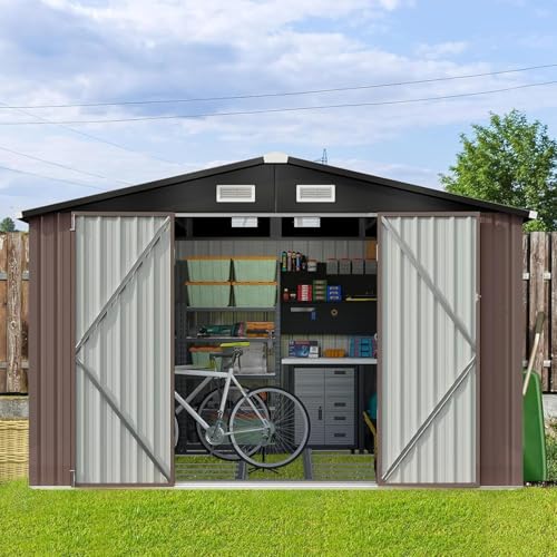 9.8x7.6 FT Shed Outdoor Storage Shed with Base (Brown / 9.8'x7.6')