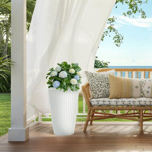 Autodaya 20" Tall Fluted Resin Planters Set of 2 with Drainage Holes (White Fluted-20"h)