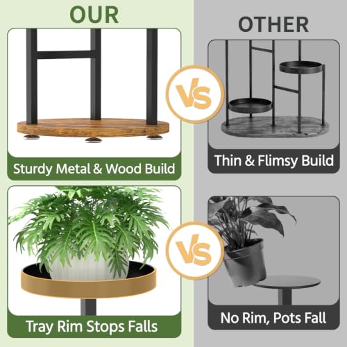 Corner Plant Stand Indoor Shelf Tall with Lights (Matte Black - Brown with Light / 3 Tier)