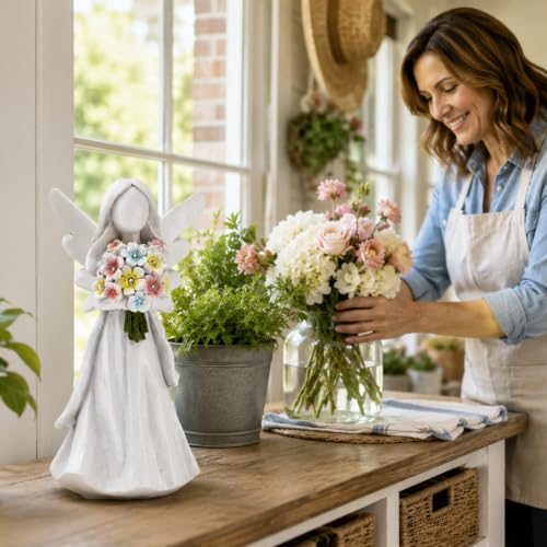 Solar Angel Garden Statue with Glowing Flowers (White)