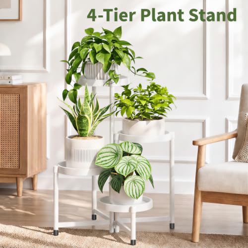 Plant Stand Indoor Outdoor with Large 10 Inch Plastic Tray (Solid White with Large Tray / 4 Tier)