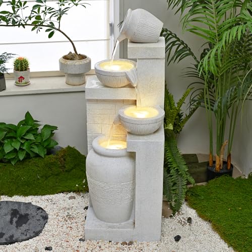 53.15'' Outdoor Garden Water Fountain with Lights (Beige 53.15in)
