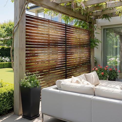 Metal Freestanding Privacy Screen Panels Outdoor (71"H×47"W / Retro Wood Grain)