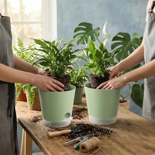2026 Upgraded Self Watering Plant Pots with Drainage Hole (7-green-upgraded / 7+6.5+6+5.5+5+4 inch)