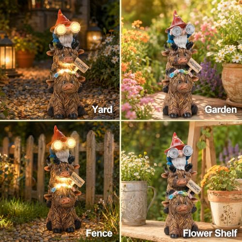 Solar Garden Gnome on Highland Cow Statue with Flower and Welcome Sign (Gnome Highland Cow)