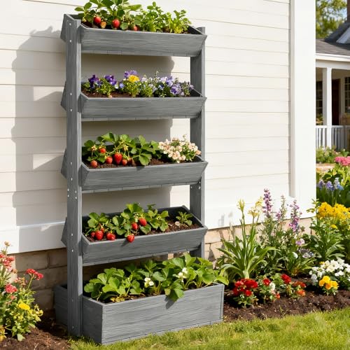 5 Tiers Vertical Raised Garden Bed Outdoor Planter Tower (31.5" x 18" x 67" 5 Tier / Gray-vertical)