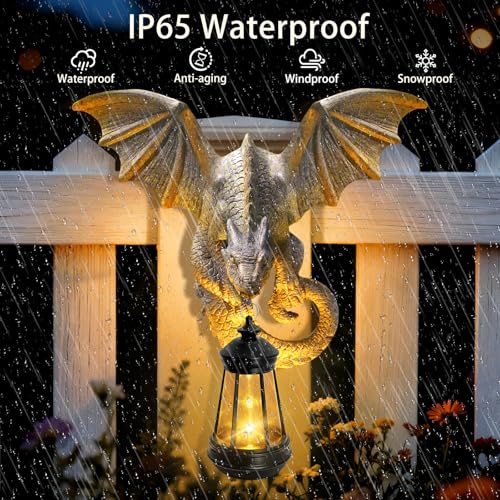 Solar Dragon Tree Hugger Garden Statue (Stone Grey - Dragon with Lantern)