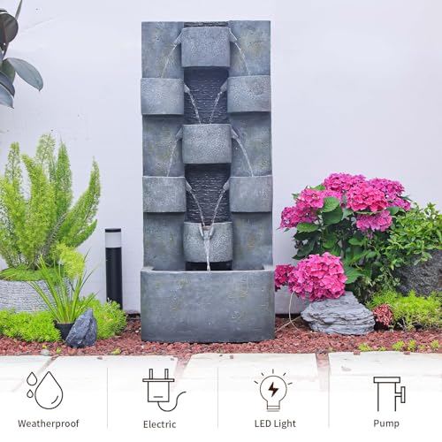 44.8" H Modern Outdoor Water Fountain with LED Lights and Pump (Grey_1 44.8 Inch)