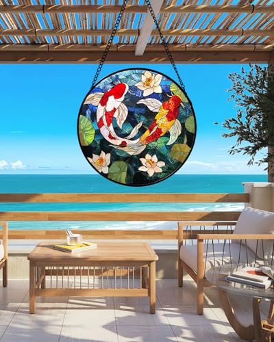 Stained Glass Window Hanging Carp Suncatcher Gifts for Women 9.8" (Red and White / 9.8x9.8 IN)