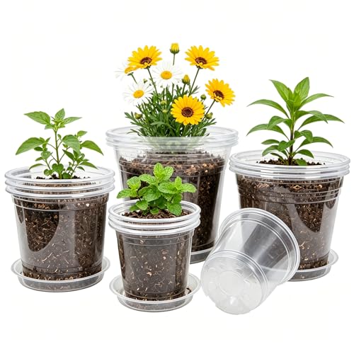 4/5/6/7 Inch 20 Pack Clear Plastic Nursery Pots with Drainage and Saucer (4/5/6/7inch 20pack)