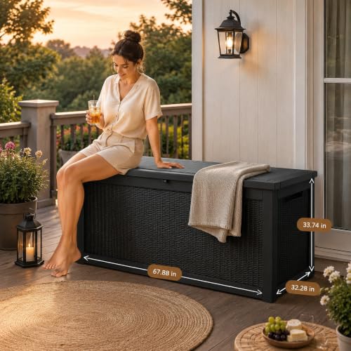 320 Gallon Outdoor Storage Box Resin Deck Box All Weather Waterproof Large Lockable Storage Container Deck Box for Patio Cushions (Black / 320 GAL NEW)