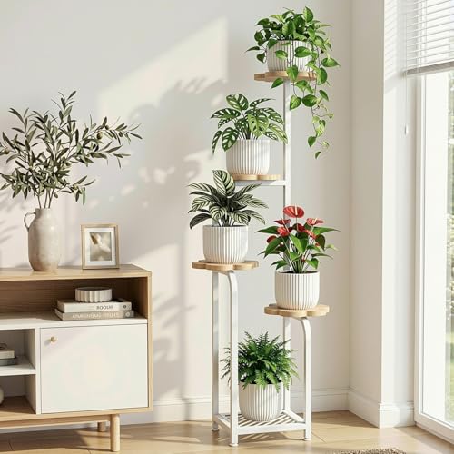 Tall 5 Tier Wood Plant Stand Indoor (Wood + White / 5-Tier Square Base)